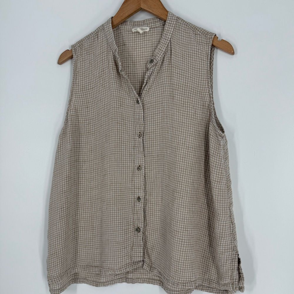 Eileen Fisher Gingham Puckered Organic Linen Sleeveless Shirt in Pebble | Large - Picture 5 of 8